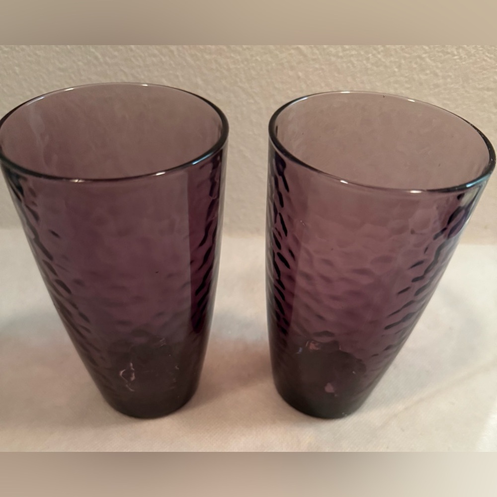 2 Bormioli Rocco purple / amethyst 11oz dimpled glasses. 5.25”H 11oz